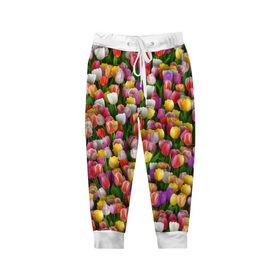 Детские брюки 3D с принтом Разноцветные тюльпаны в Новосибирске, 100% полиэстер | манжеты по низу, эластичный пояс регулируется шнурком, по бокам два кармана без застежек, внутренняя часть кармана из мелкой сетки | 8 марта | tulip | белый | букет | желтый | зеленый | красный | паттерн | розовый | тюльпан | тюльпанчики | цветок | цветочки | цветы