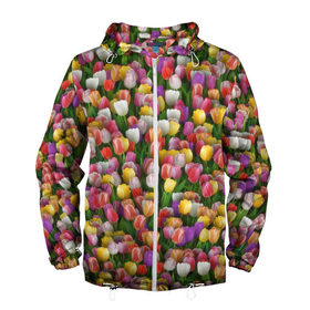 Мужская ветровка 3D с принтом Разноцветные тюльпаны в Новосибирске, 100% полиэстер | подол и капюшон оформлены резинкой с фиксаторами, два кармана без застежек по бокам, один потайной карман на груди | Тематика изображения на принте: 8 марта | tulip | белый | букет | желтый | зеленый | красный | паттерн | розовый | тюльпан | тюльпанчики | цветок | цветочки | цветы