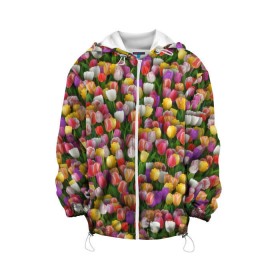 Детская куртка 3D с принтом Разноцветные тюльпаны в Новосибирске, 100% полиэстер | застежка — молния, подол и капюшон оформлены резинкой с фиксаторами, по бокам — два кармана без застежек, один потайной карман на груди, плотность верхнего слоя — 90 г/м2; плотность флисового подклада — 260 г/м2 | Тематика изображения на принте: 8 марта | tulip | белый | букет | желтый | зеленый | красный | паттерн | розовый | тюльпан | тюльпанчики | цветок | цветочки | цветы