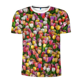 Мужская футболка 3D спортивная с принтом Разноцветные тюльпаны в Новосибирске, 100% полиэстер с улучшенными характеристиками | приталенный силуэт, круглая горловина, широкие плечи, сужается к линии бедра | Тематика изображения на принте: 8 марта | tulip | белый | букет | желтый | зеленый | красный | паттерн | розовый | тюльпан | тюльпанчики | цветок | цветочки | цветы