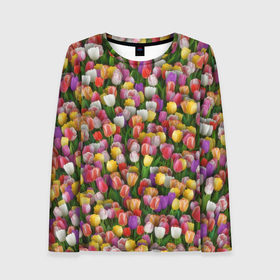 Женский лонгслив 3D с принтом Разноцветные тюльпаны в Новосибирске, 100% полиэстер | длинные рукава, круглый вырез горловины, полуприлегающий силуэт | Тематика изображения на принте: 8 марта | tulip | белый | букет | желтый | зеленый | красный | паттерн | розовый | тюльпан | тюльпанчики | цветок | цветочки | цветы