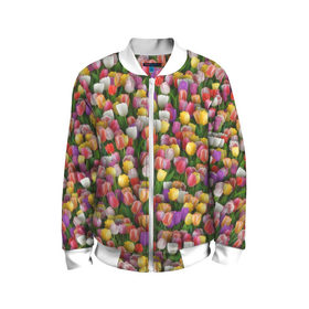 Детский бомбер 3D с принтом Разноцветные тюльпаны в Новосибирске, 100% полиэстер | застегивается на молнию, по бокам два кармана без застежек, мягкие манжеты, по низу бомбера и на воротнике — эластичная резинка | 8 марта | tulip | белый | букет | желтый | зеленый | красный | паттерн | розовый | тюльпан | тюльпанчики | цветок | цветочки | цветы