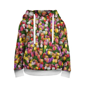 Детская толстовка 3D с принтом Разноцветные тюльпаны в Новосибирске, 100% полиэстер | двухслойный капюшон со шнурком для регулировки, мягкие манжеты на рукавах и по низу толстовки, спереди карман-кенгуру с мягким внутренним слоем | Тематика изображения на принте: 8 марта | tulip | белый | букет | желтый | зеленый | красный | паттерн | розовый | тюльпан | тюльпанчики | цветок | цветочки | цветы