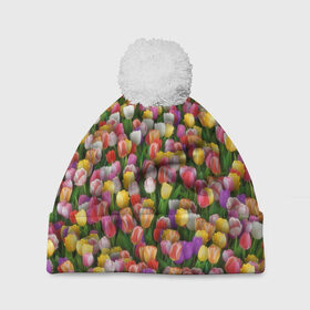 Шапка 3D c помпоном с принтом Разноцветные тюльпаны в Новосибирске, 100% полиэстер | универсальный размер, печать по всей поверхности изделия | 8 марта | tulip | белый | букет | желтый | зеленый | красный | паттерн | розовый | тюльпан | тюльпанчики | цветок | цветочки | цветы