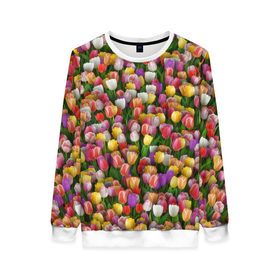 Женский свитшот 3D с принтом Разноцветные тюльпаны в Новосибирске, 100% полиэстер с мягким внутренним слоем | круглый вырез горловины, мягкая резинка на манжетах и поясе, свободная посадка по фигуре | 8 марта | tulip | белый | букет | желтый | зеленый | красный | паттерн | розовый | тюльпан | тюльпанчики | цветок | цветочки | цветы