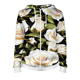Женская толстовка 3D на молнии с принтом Белые розы в Новосибирске, 100% полиэстер | длина до линии бедра, манжеты и пояс оформлены мягкой тканевой резинкой, двухслойный капюшон со шнурком для регулировки, спереди молния, по бокам два кармана | flower | pattern | spring | букет | весна | паттерн | праздник | розы | цветочный | цветы