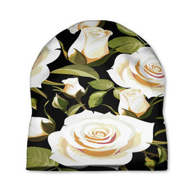 Шапка 3D с принтом Белые розы в Новосибирске, 100% полиэстер | универсальный размер, печать по всей поверхности изделия | flower | pattern | spring | букет | весна | паттерн | праздник | розы | цветочный | цветы
