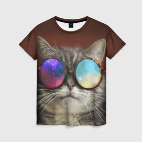 Женская футболка 3D с принтом котейки в Новосибирске, 100% полиэфир ( синтетическое хлопкоподобное полотно) | прямой крой, круглый вырез горловины, длина до линии бедер | cat | взгляд | космос | кот | котик | очки