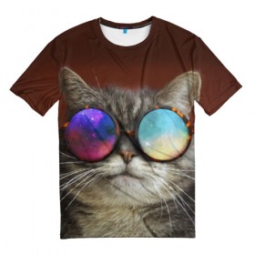 Мужская футболка 3D с принтом котейки в Новосибирске, 100% полиэфир | прямой крой, круглый вырез горловины, длина до линии бедер | cat | взгляд | космос | кот | котик | очки