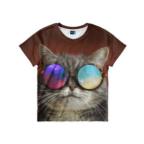 Детская футболка 3D с принтом котейки в Новосибирске, 100% гипоаллергенный полиэфир | прямой крой, круглый вырез горловины, длина до линии бедер, чуть спущенное плечо, ткань немного тянется | cat | взгляд | космос | кот | котик | очки