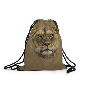 Рюкзак-мешок 3D с принтом Львица в Новосибирске, 100% полиэстер | плотность ткани — 200 г/м2, размер — 35 х 45 см; лямки — толстые шнурки, застежка на шнуровке, без карманов и подкладки | голова | животные | кошка | лев | львица | природа | хищник