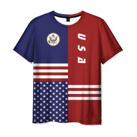 Мужская футболка 3D с принтом USA (США) в Новосибирске, 100% полиэфир | прямой крой, круглый вырез горловины, длина до линии бедер | us | usa | америка | американец | американка | американцы | америки | герб | доллар | знак | надпись | патриот | полосы | символ | соединенные | страна | сша | флаг | флага | цвета | штаты