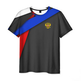 Мужская футболка 3D с принтом RUSSIA SPORT в Новосибирске, 100% полиэфир | прямой крой, круглый вырез горловины, длина до линии бедер | russia | sport | белый | герб | двуглавый орел | красный | патриот | россия | синий | спорт | спортивные | триколор | униформа