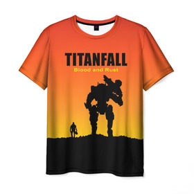 Мужская футболка 3D с принтом Titanfall 2 в Новосибирске, 100% полиэфир | прямой крой, круглый вырез горловины, длина до линии бедер | blood and rust | game | воин | закат | игра | кровь и ржавчина | робот