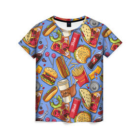 Женская футболка 3D с принтом Fastfood в Новосибирске, 100% полиэфир ( синтетическое хлопкоподобное полотно) | прямой крой, круглый вырез горловины, длина до линии бедер | chicken | coffee | cola | drink | dunts | eat | fastfood | frenchfires | hotdog | lollypop | pizza | sweets | бургер | еда | кола | кофе | лимонад | напитки | пицца | пончик | фастфуд | хотдог