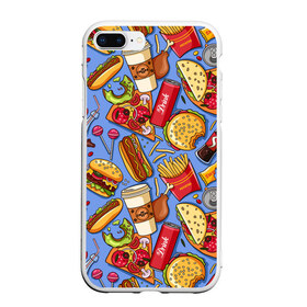 Чехол для iPhone 7Plus/8 Plus матовый с принтом Fastfood в Новосибирске, Силикон | Область печати: задняя сторона чехла, без боковых панелей | chicken | coffee | cola | drink | dunts | eat | fastfood | frenchfires | hotdog | lollypop | pizza | sweets | бургер | еда | кола | кофе | лимонад | напитки | пицца | пончик | фастфуд | хотдог