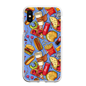 Чехол для iPhone XS Max матовый с принтом Fastfood в Новосибирске, Силикон | Область печати: задняя сторона чехла, без боковых панелей | chicken | coffee | cola | drink | dunts | eat | fastfood | frenchfires | hotdog | lollypop | pizza | sweets | бургер | еда | кола | кофе | лимонад | напитки | пицца | пончик | фастфуд | хотдог