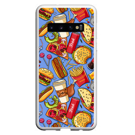 Чехол для Samsung Galaxy S10 с принтом Fastfood в Новосибирске, Силикон | Область печати: задняя сторона чехла, без боковых панелей | Тематика изображения на принте: chicken | coffee | cola | drink | dunts | eat | fastfood | frenchfires | hotdog | lollypop | pizza | sweets | бургер | еда | кола | кофе | лимонад | напитки | пицца | пончик | фастфуд | хотдог