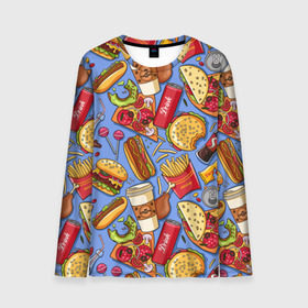 Мужской лонгслив 3D с принтом Fastfood в Новосибирске, 100% полиэстер | длинные рукава, круглый вырез горловины, полуприлегающий силуэт | chicken | coffee | cola | drink | dunts | eat | fastfood | frenchfires | hotdog | lollypop | pizza | sweets | бургер | еда | кола | кофе | лимонад | напитки | пицца | пончик | фастфуд | хотдог