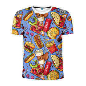 Мужская футболка 3D спортивная с принтом Fastfood в Новосибирске, 100% полиэстер с улучшенными характеристиками | приталенный силуэт, круглая горловина, широкие плечи, сужается к линии бедра | chicken | coffee | cola | drink | dunts | eat | fastfood | frenchfires | hotdog | lollypop | pizza | sweets | бургер | еда | кола | кофе | лимонад | напитки | пицца | пончик | фастфуд | хотдог