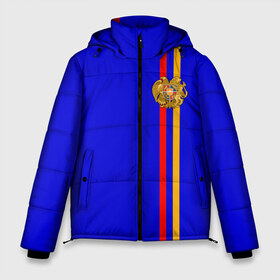 Мужская зимняя куртка 3D с принтом Армения лента с гербом в Новосибирске, верх — 100% полиэстер; подкладка — 100% полиэстер; утеплитель — 100% полиэстер | длина ниже бедра, свободный силуэт Оверсайз. Есть воротник-стойка, отстегивающийся капюшон и ветрозащитная планка. 

Боковые карманы с листочкой на кнопках и внутренний карман на молнии. | Тематика изображения на принте: armenia | арменин | армения | армяне | армянин | армянка | армянский | ереван | кавказ | кавказец | республика | северный