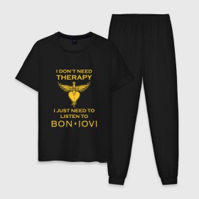 Мужская пижама хлопок с принтом I just need to listen to Bon Jovi в Новосибирске, 100% хлопок | брюки и футболка прямого кроя, без карманов, на брюках мягкая резинка на поясе и по низу штанин
 | bon jovi | бон | бон джови | джови | джон | рок группа