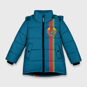 Зимняя куртка для девочек 3D с принтом Белоруссия лента с гербом в Новосибирске, ткань верха — 100% полиэстер; подклад — 100% полиэстер, утеплитель — 100% полиэстер. | длина ниже бедра, удлиненная спинка, воротник стойка и отстегивающийся капюшон. Есть боковые карманы с листочкой на кнопках, утяжки по низу изделия и внутренний карман на молнии. 

Предусмотрены светоотражающий принт на спинке, радужный светоотражающий элемент на пуллере молнии и на резинке для утяжки. | Тематика изображения на принте: belarus | byelorussia | беларусь | белая русь | белорус | белоруска | белоруссия | белорусский | герб | знак | минск | надпись | патриот | полосы | республика | символ | страна | флаг | флага | цвета