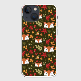 Чехол для iPhone 13 mini с принтом Лисоньки в лесу в Новосибирске,  |  | Тематика изображения на принте: лиса | лисичка | лисоньки | лисы | паттерн