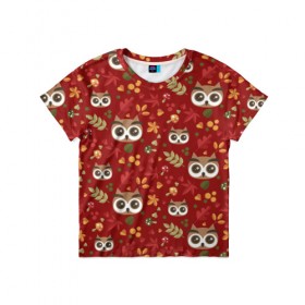 Детская футболка 3D с принтом Совушки в лесу в Новосибирске, 100% гипоаллергенный полиэфир | прямой крой, круглый вырез горловины, длина до линии бедер, чуть спущенное плечо, ткань немного тянется | Тематика изображения на принте: owl | в лесу | глаза | красный | лес | сова | совушки | совы | хищник