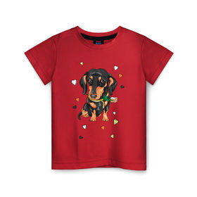 Детская футболка хлопок с принтом Такса с розой в Новосибирске, 100% хлопок | круглый вырез горловины, полуприлегающий силуэт, длина до линии бедер | Тематика изображения на принте: dog | doggy | животные | пес | роза | сердечко | сердце | собака | собачка | такса | цветок | цветы