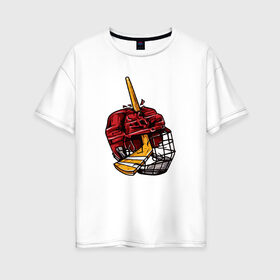 Женская футболка хлопок Oversize с принтом Шлем в Новосибирске, 100% хлопок | свободный крой, круглый ворот, спущенный рукав, длина до линии бедер
 | hokei | hokey | hokkey | sport | клюшка | спорт | хокей | хоккей | шайба | шлем