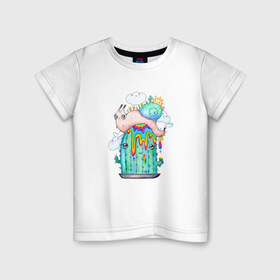 Детская футболка хлопок с принтом Радужная улитка на кактусе в Новосибирске, 100% хлопок | круглый вырез горловины, полуприлегающий силуэт, длина до линии бедер | весна | кактус | кислотный | лето | милота | милый | мультяшный | насекомые | облака | природа | радуга | растения | солнце