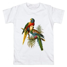 Мужская футболка хлопок с принтом Попугаи в Новосибирске, 100% хлопок | прямой крой, круглый вырез горловины, длина до линии бедер, слегка спущенное плечо. | ветки | винтаж | листья | пальмы | перья | попугаи | птицы