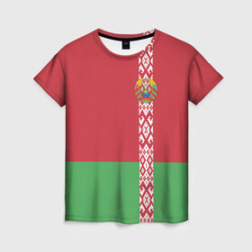Женская футболка 3D с принтом Белоруссия, лента с гербом в Новосибирске, 100% полиэфир ( синтетическое хлопкоподобное полотно) | прямой крой, круглый вырез горловины, длина до линии бедер | belarus | byelorussia | беларусь | белорус | белоруссия | белорусский | минск | республика | флаг