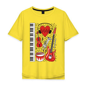 Мужская футболка хлопок Oversize с принтом Музыкальное сердце в Новосибирске, 100% хлопок | свободный крой, круглый ворот, “спинка” длиннее передней части | Тематика изображения на принте: ансамбль | гитара | клавиши | музыка | музыкальные инструменты | ноты | скрипка | три цвета | труба | флейта | фортепиано