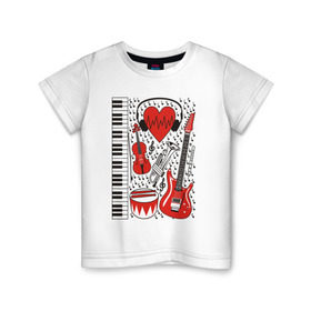 Детская футболка хлопок с принтом Музыкальное сердце в Новосибирске, 100% хлопок | круглый вырез горловины, полуприлегающий силуэт, длина до линии бедер | ансамбль | гитара | клавиши | музыка | музыкальные инструменты | ноты | скрипка | три цвета | труба | флейта | фортепиано