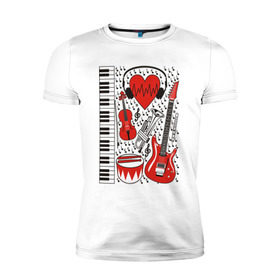 Мужская футболка премиум с принтом Музыкальное сердце в Новосибирске, 92% хлопок, 8% лайкра | приталенный силуэт, круглый вырез ворота, длина до линии бедра, короткий рукав | ансамбль | гитара | клавиши | музыка | музыкальные инструменты | ноты | скрипка | три цвета | труба | флейта | фортепиано