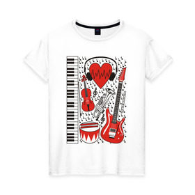 Женская футболка хлопок с принтом Музыкальное сердце в Новосибирске, 100% хлопок | прямой крой, круглый вырез горловины, длина до линии бедер, слегка спущенное плечо | ансамбль | гитара | клавиши | музыка | музыкальные инструменты | ноты | скрипка | три цвета | труба | флейта | фортепиано
