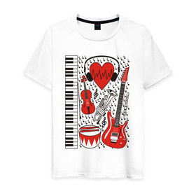 Мужская футболка хлопок с принтом Музыкальное сердце в Новосибирске, 100% хлопок | прямой крой, круглый вырез горловины, длина до линии бедер, слегка спущенное плечо. | ансамбль | гитара | клавиши | музыка | музыкальные инструменты | ноты | скрипка | три цвета | труба | флейта | фортепиано