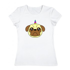 Женская футболка хлопок с принтом Мопс единорог в Новосибирске, 100% хлопок | прямой крой, круглый вырез горловины, длина до линии бедер, слегка спущенное плечо | единорог | мопс | радуга | рог | собака | щенок