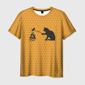 Мужская футболка 3D с принтом Кот жарит в Новосибирске, 100% полиэфир | прямой крой, круглый вырез горловины, длина до линии бедер | еда | костер | кот | кошка | мышь