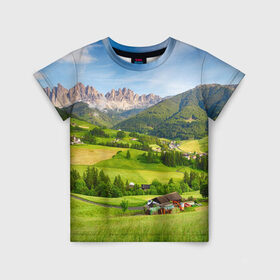 Детская футболка 3D с принтом Альпы в Новосибирске, 100% гипоаллергенный полиэфир | прямой крой, круглый вырез горловины, длина до линии бедер, чуть спущенное плечо, ткань немного тянется | австрия | альпы | германия | горный хребет | горы | италия | красота | лес | лихтенштейн | луг | пейзаж | природа | простор | раздолье | словения | франция | швейцария