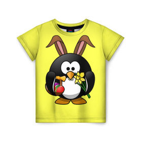 Детская футболка 3D с принтом Пасхальный пингвин в Новосибирске, 100% гипоаллергенный полиэфир | прямой крой, круглый вырез горловины, длина до линии бедер, чуть спущенное плечо, ткань немного тянется | Тематика изображения на принте: весна | кролик | пасха | пингвин | праздники | яйцо