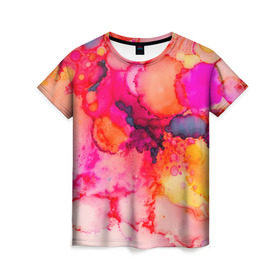 Женская футболка 3D с принтом Весенние краски в Новосибирске, 100% полиэфир ( синтетическое хлопкоподобное полотно) | прямой крой, круглый вырез горловины, длина до линии бедер | abstraction | color | spray | tie dye | абстракция | акварель | брызги красок | живопись | искусство | капли капли | краски | текстуры | цветные краски | яркие цвета
