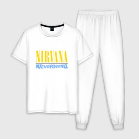 Мужская пижама хлопок с принтом Nirvana nevermino в Новосибирске, 100% хлопок | брюки и футболка прямого кроя, без карманов, на брюках мягкая резинка на поясе и по низу штанин
 | cobain | kurt | nevermino | nirvana | альтернативный | гранж | грол | группа | дональд | кобейн | курт | музыка | надпись | нервана | нирвана | новоселич | певец | рок | смайл | смайлик | солист