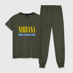 Женская пижама хлопок с принтом Nirvana nevermino в Новосибирске, 100% хлопок | брюки и футболка прямого кроя, без карманов, на брюках мягкая резинка на поясе и по низу штанин | cobain | kurt | nevermino | nirvana | альтернативный | гранж | грол | группа | дональд | кобейн | курт | музыка | надпись | нервана | нирвана | новоселич | певец | рок | смайл | смайлик | солист
