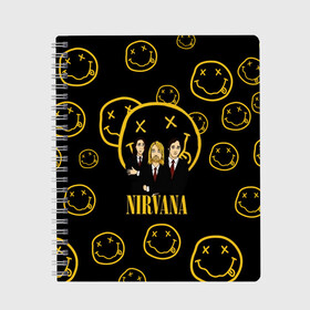 Тетрадь с принтом Nirvana в Новосибирске, 100% бумага | 48 листов, плотность листов — 60 г/м2, плотность картонной обложки — 250 г/м2. Листы скреплены сбоку удобной пружинной спиралью. Уголки страниц и обложки скругленные. Цвет линий — светло-серый
 | cobain | kurt | nevermino | nirvana | альтернативный | гранж | грол | группа | дональд | кобейн | курт | музыка | надпись | нервана | нирвана | новоселич | певец | рок | смайл | смайлик | солист