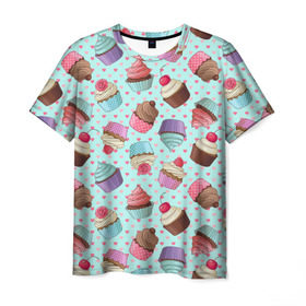 Мужская футболка 3D с принтом Милые кексики в Новосибирске, 100% полиэфир | прямой крой, круглый вырез горловины, длина до линии бедер | cupcake | deliciouse | lollipop | strawberry | sweets | yummy | вкусняшки | еда | капкейк | капкейки | клубника | конфета | леденец | сладости | черника