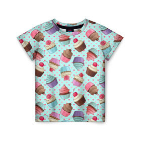 Детская футболка 3D с принтом Милые кексики в Новосибирске, 100% гипоаллергенный полиэфир | прямой крой, круглый вырез горловины, длина до линии бедер, чуть спущенное плечо, ткань немного тянется | cupcake | deliciouse | lollipop | strawberry | sweets | yummy | вкусняшки | еда | капкейк | капкейки | клубника | конфета | леденец | сладости | черника