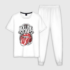 Мужская пижама хлопок с принтом The Rolling Stones в Новосибирске, 100% хлопок | брюки и футболка прямого кроя, без карманов, на брюках мягкая резинка на поясе и по низу штанин
 | Тематика изображения на принте: the rolling stones | бродяги | вольные странники | группа | катящиеся камни | кит ричардс | мик джаггер | рок | рок н ролл | ролинг | роллинг | рон вуд | стоун | стоунз | стоунс | чарли уоттс